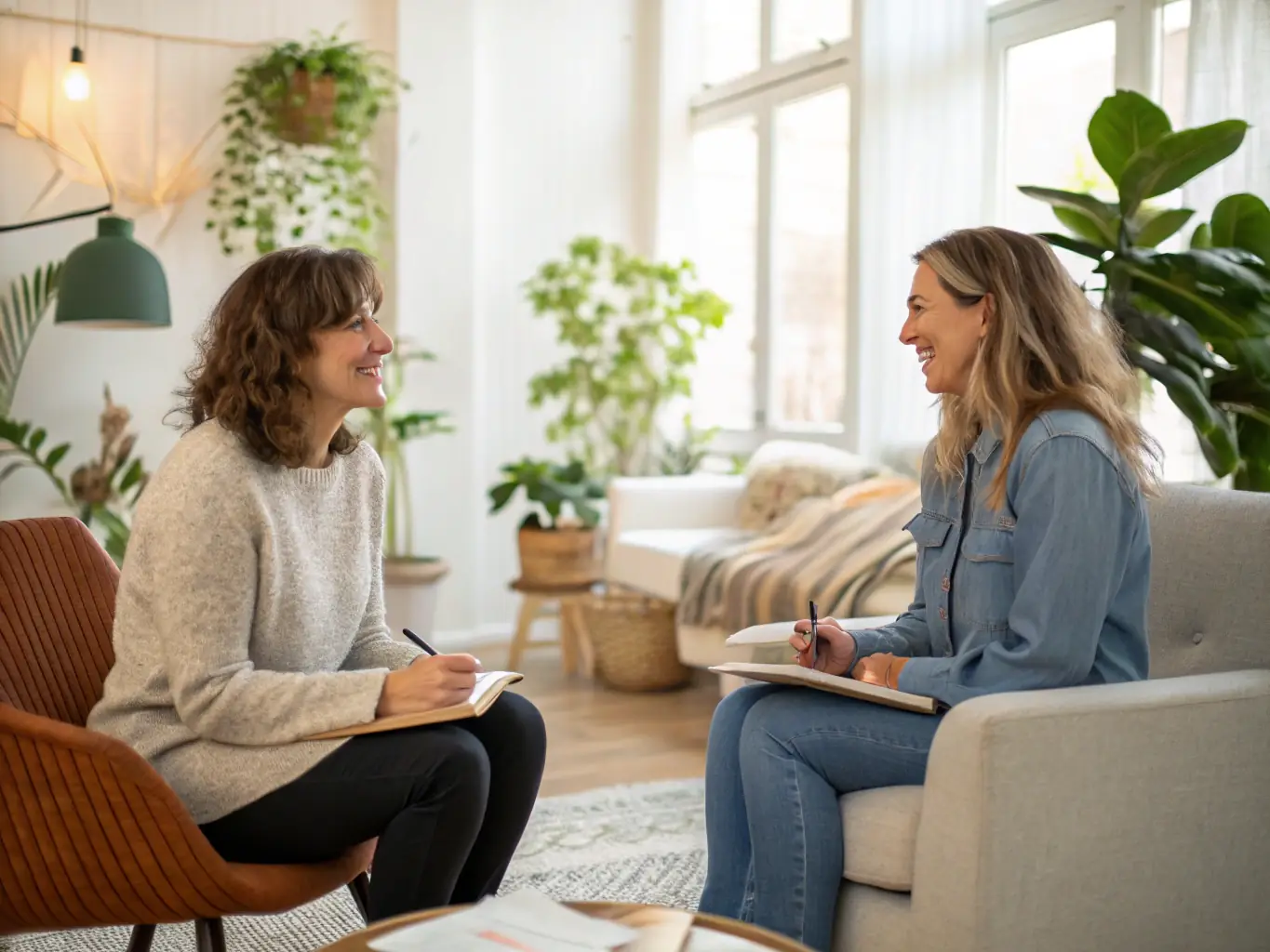 A supportive coach guiding a client through a visualization exercise in a modern office setting, symbolizing personalized support and growth.