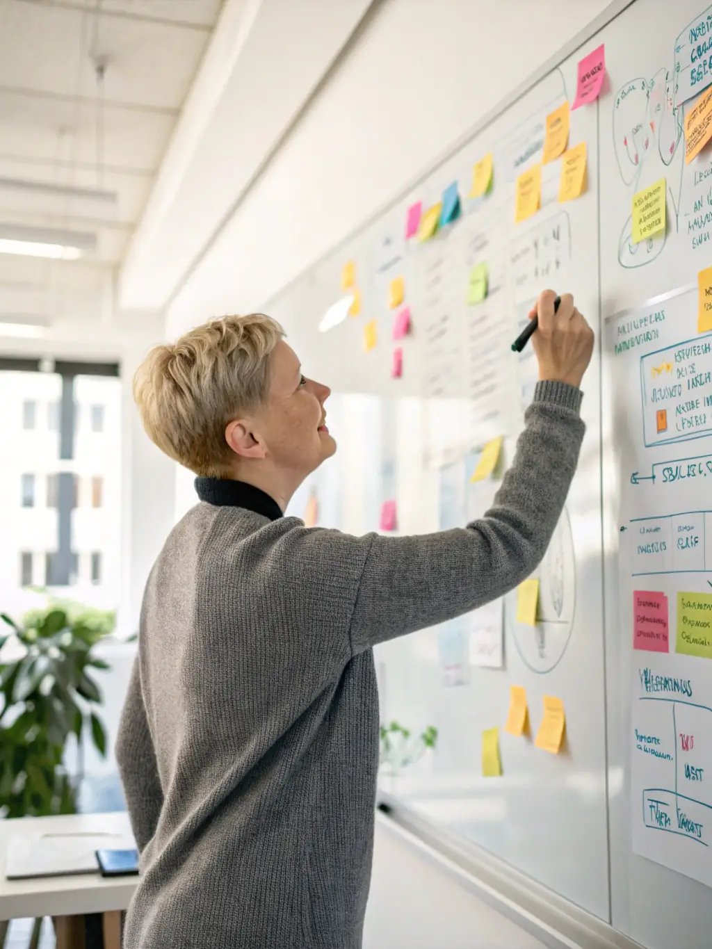 A person setting goals and planning strategies on a whiteboard, representing strategic planning and goal setting.
