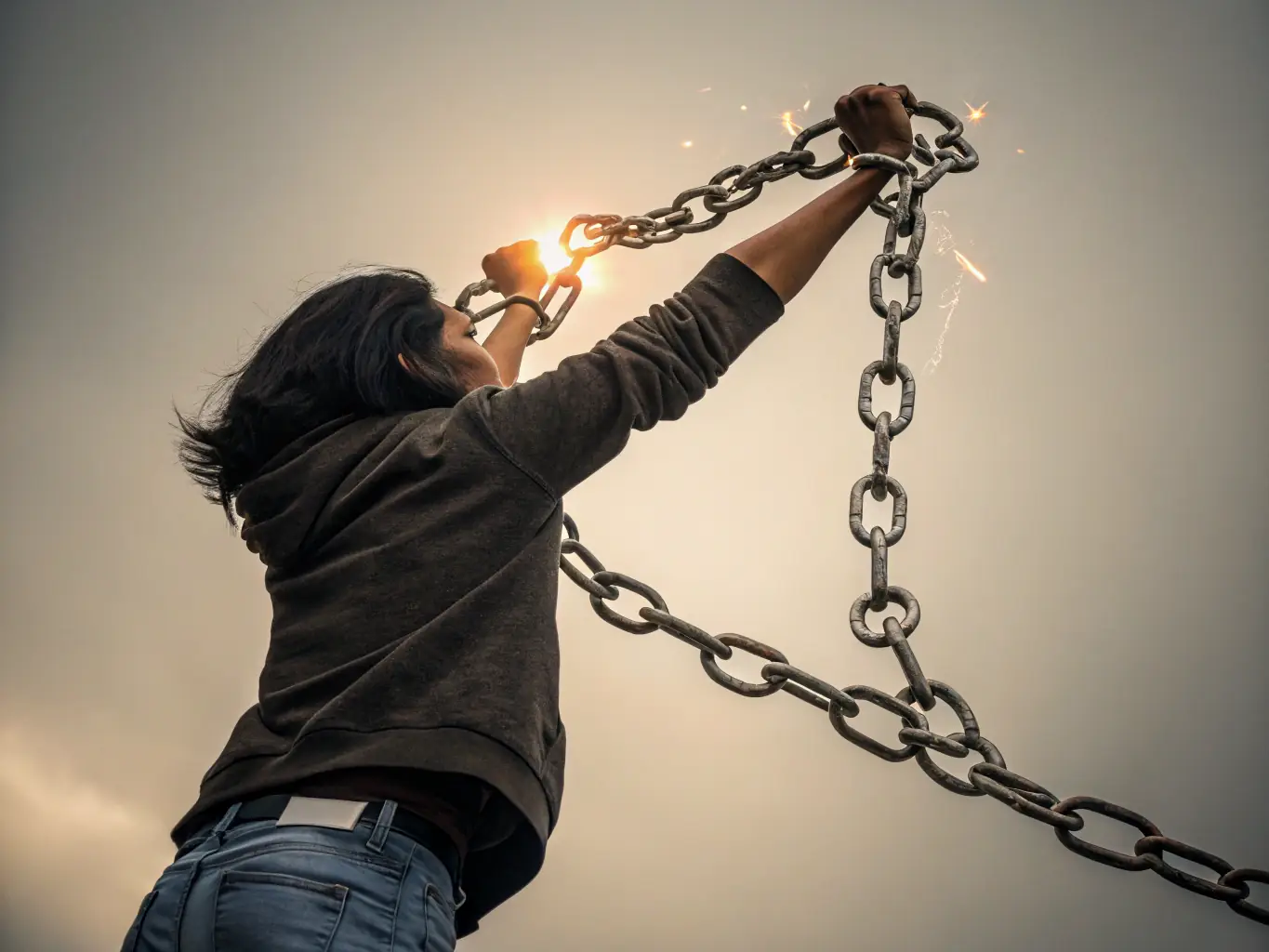 A person breaking free from chains, representing overcoming limitations and embracing freedom and self-determination.
