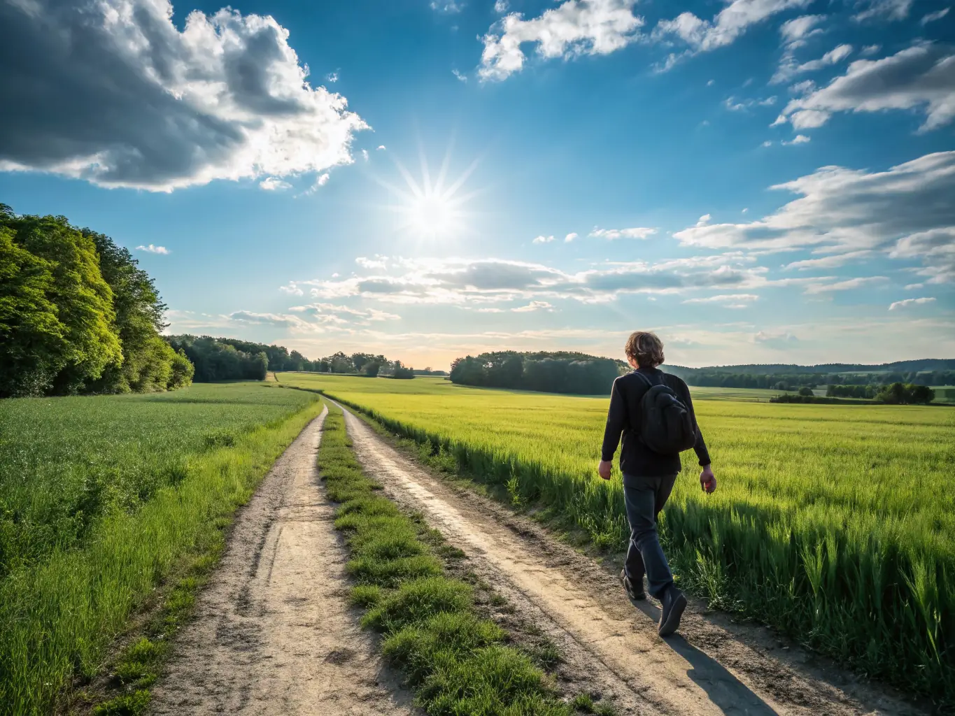 A person confidently striding forward on a path leading towards a bright, sunny horizon, symbolizing personal growth and achievement.