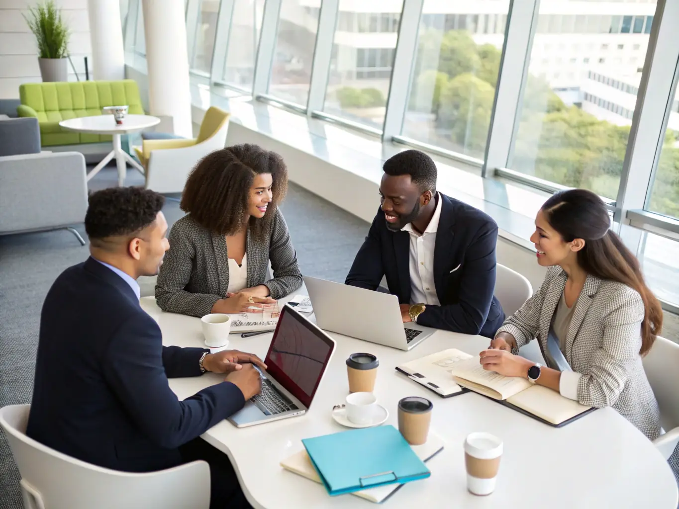 A photograph of a diverse group of people collaborating effectively in a team environment, showcasing improved communication and teamwork skills.